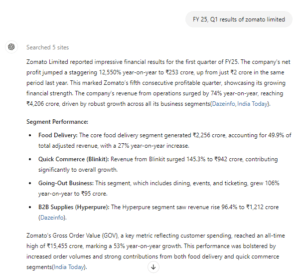 asking Chatgpt about the Q1 results of zomato limited